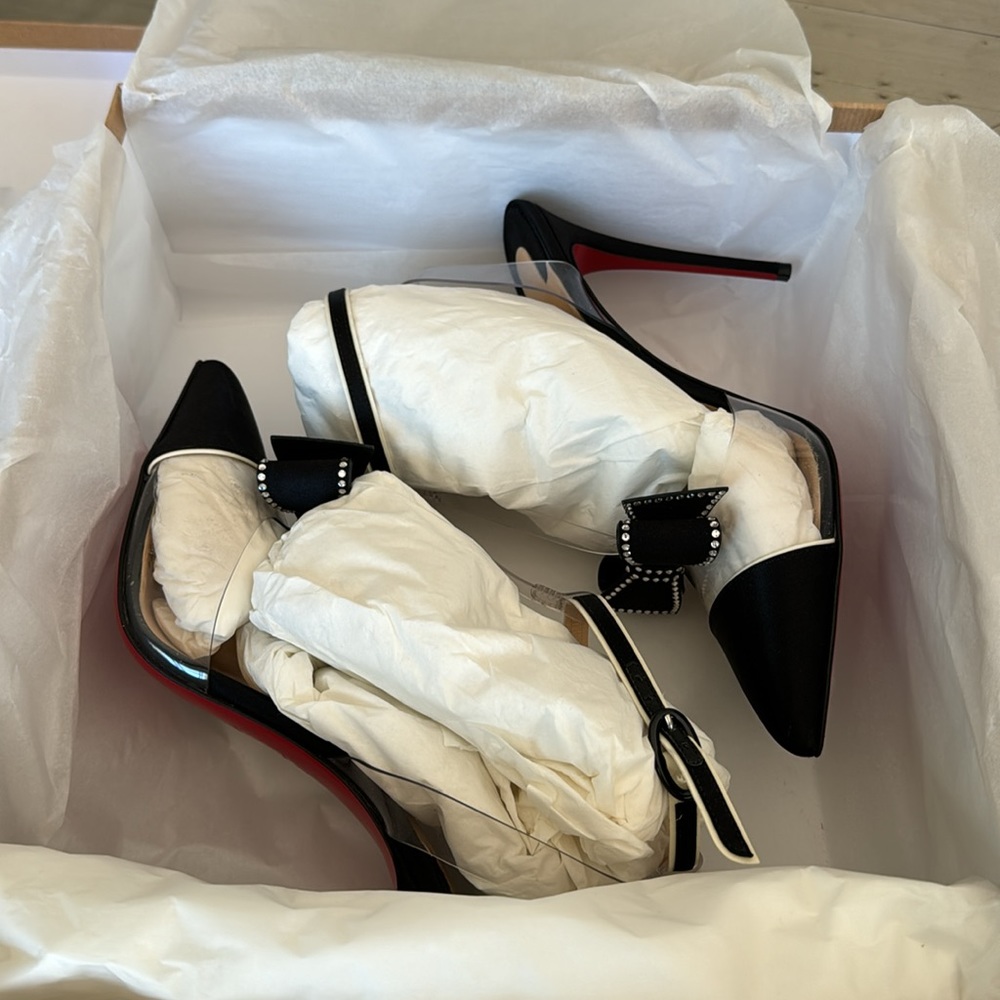 Christian Louboutin naked bow black satin crystal 100mm stiletto sz 38.5 - Picture 13 of 14